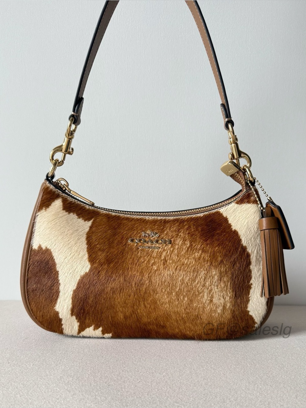 NWT Coach Teri Shoulder Crossbody Bag Haircalf Cow Print CDW45 Gold /Tan  Brown